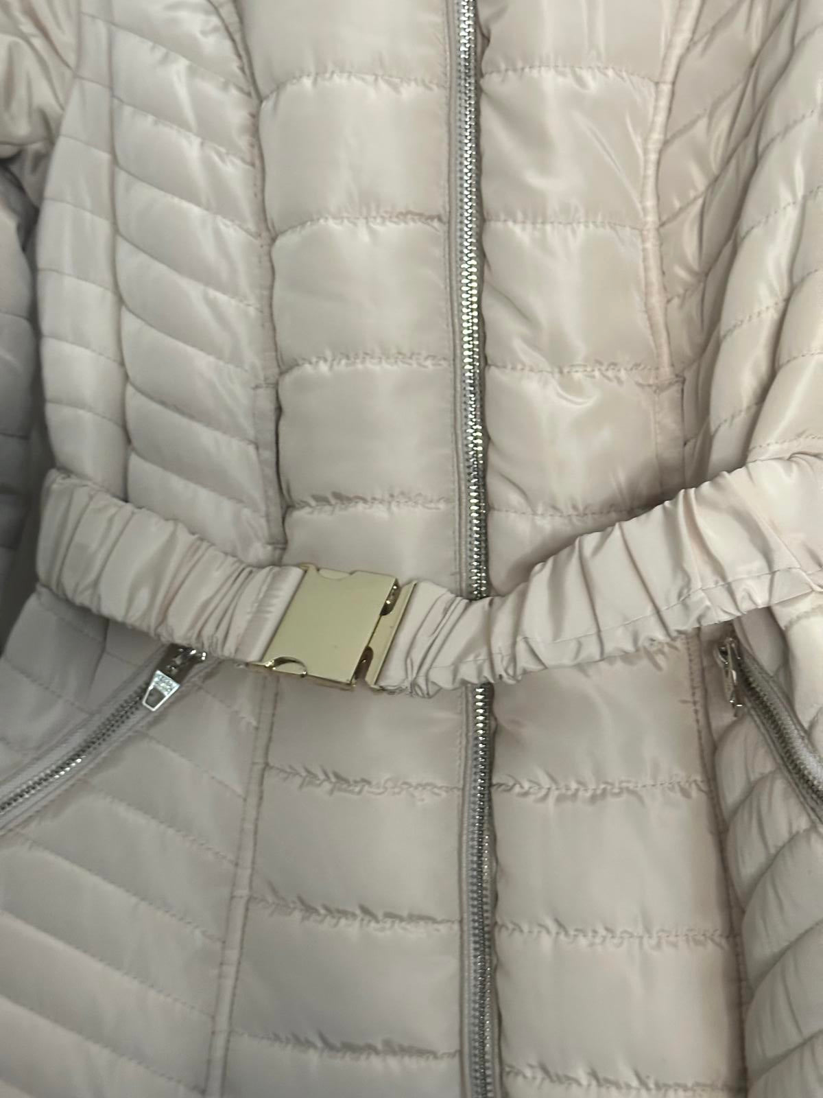 River Island Beige Quilted Belted Coat with Faux Fur Hood – Size 10