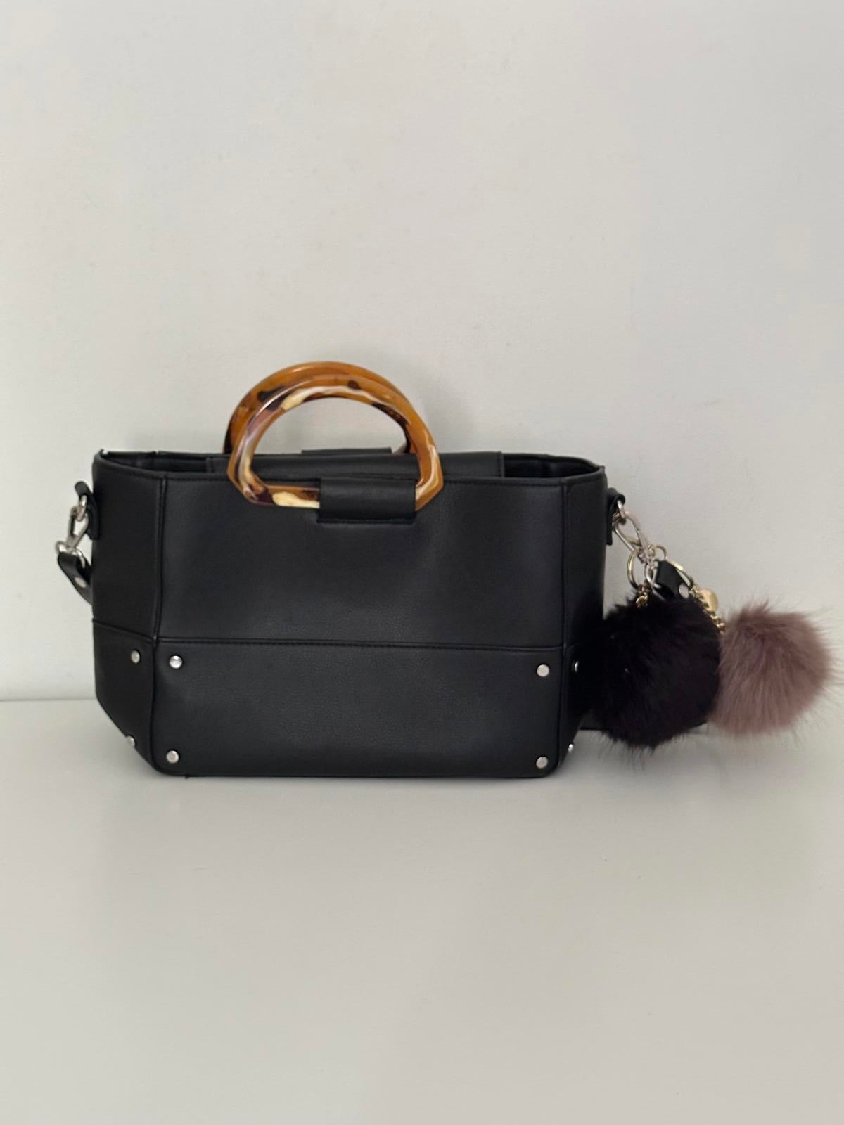 Zara Black Structured Tote Bag with Tortoiseshell Handles