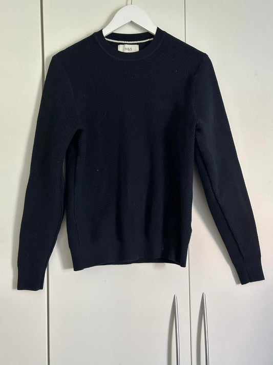 M&S Navy Cotton Blend Textured Knit Jumper – Size S