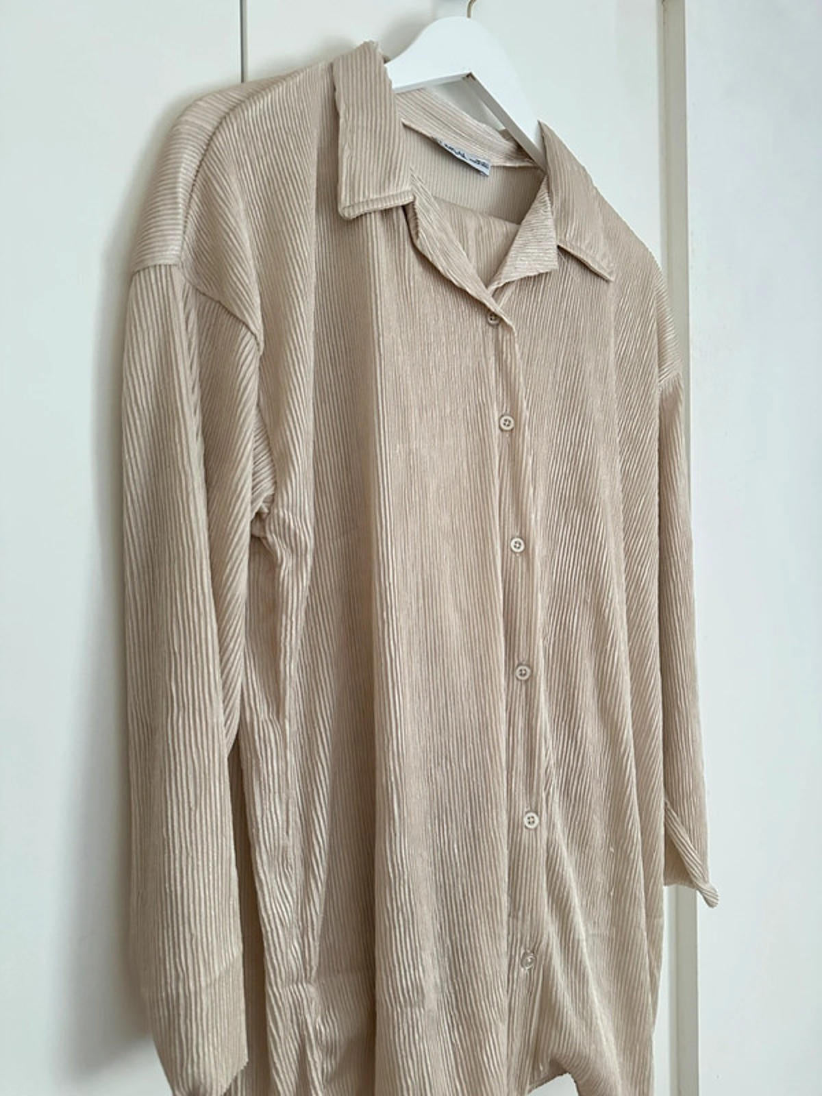 Kumsal Beige Ribbed Co-ord Set (Shirt + Trousers)