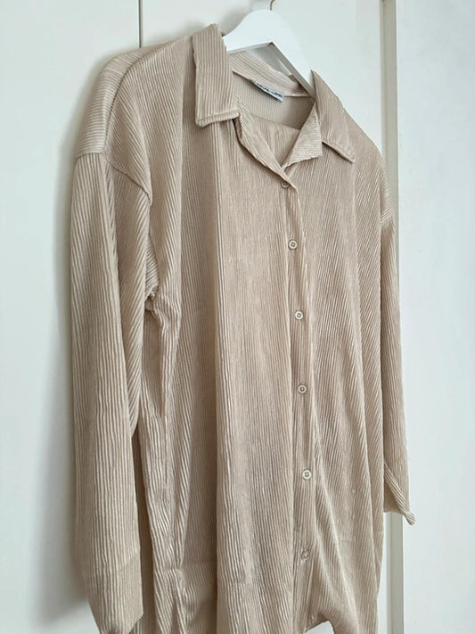 Kumsal Beige Ribbed Co-ord Set (Shirt + Trousers)