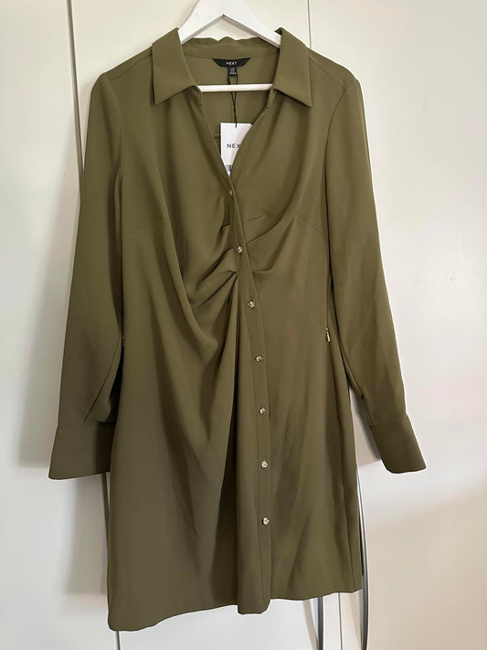 Next Khaki Green Button Front Dress – Fuller Bust, Long Sleeve, Elegant Fit