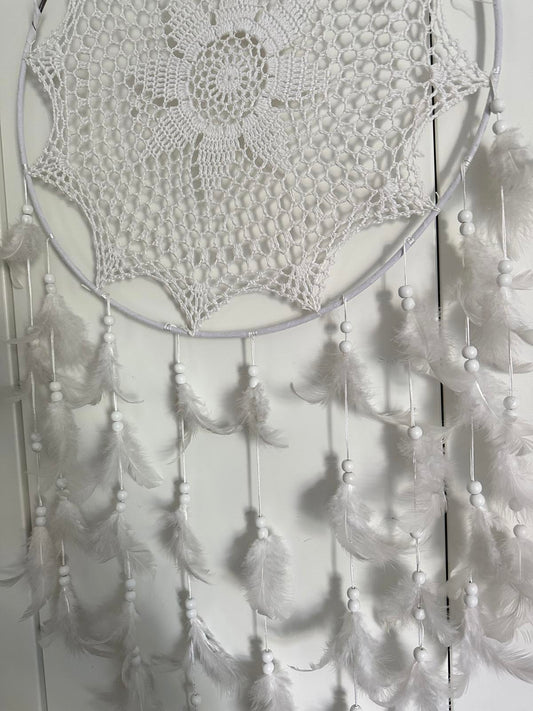 Large white crochet dreamcatcher with feathers & beads