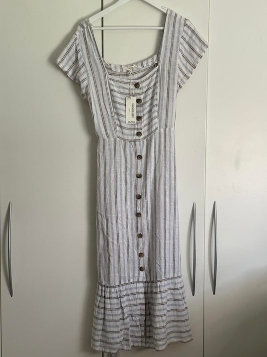 Next Striped Linen Blend Midi Dress with Buttons – Size 14