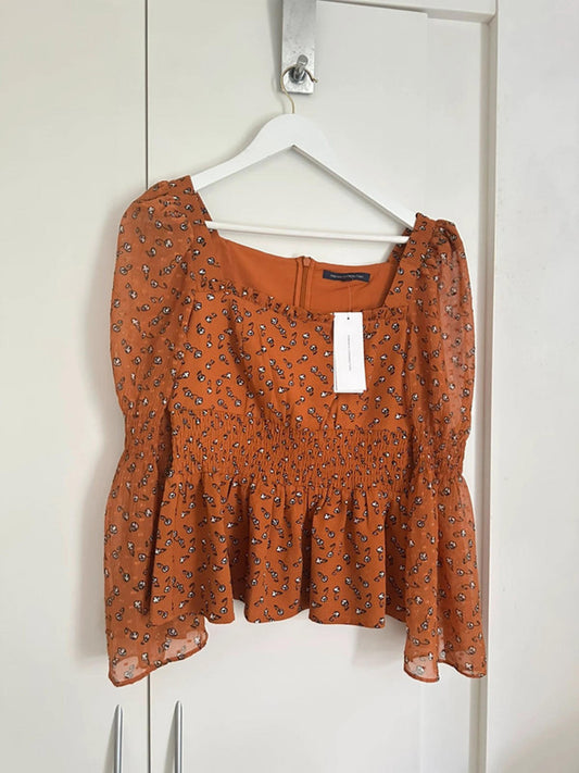 French Connection Francine Smock Blouse in Leather Brown Multi