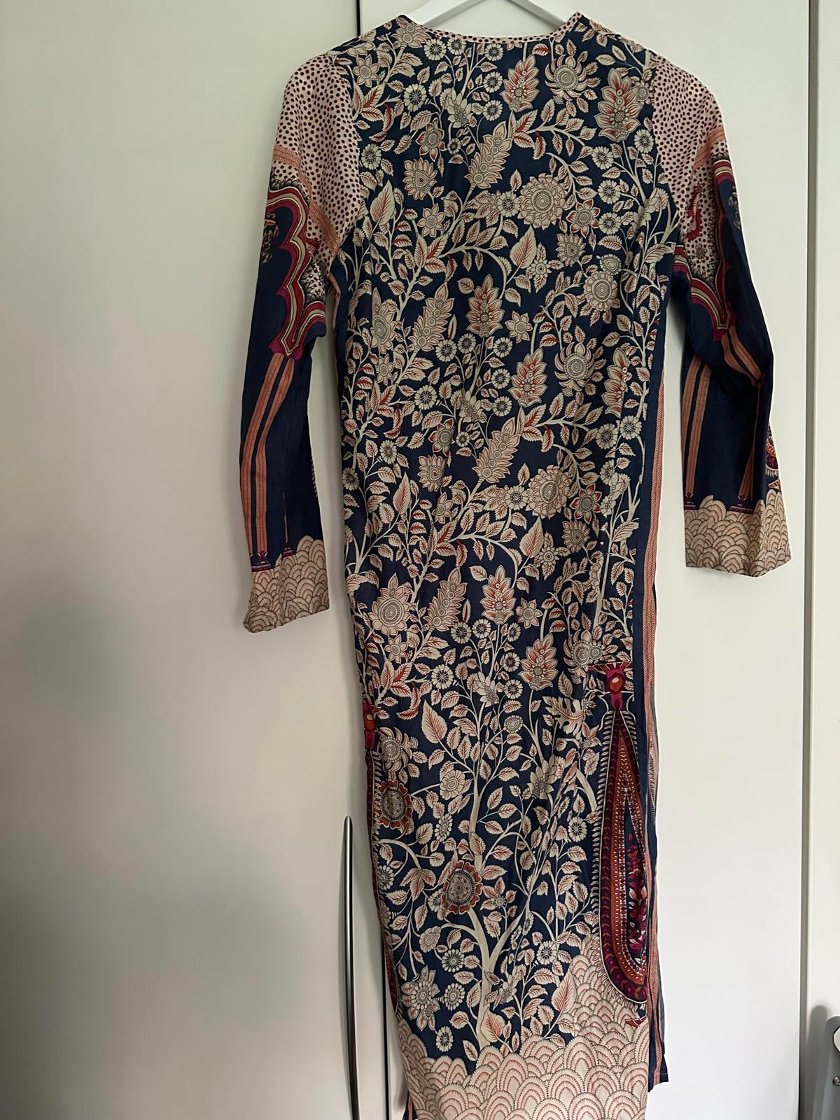 Printed Kurta-Style Midi Dress Notch Neck Side Slits (UK 6)