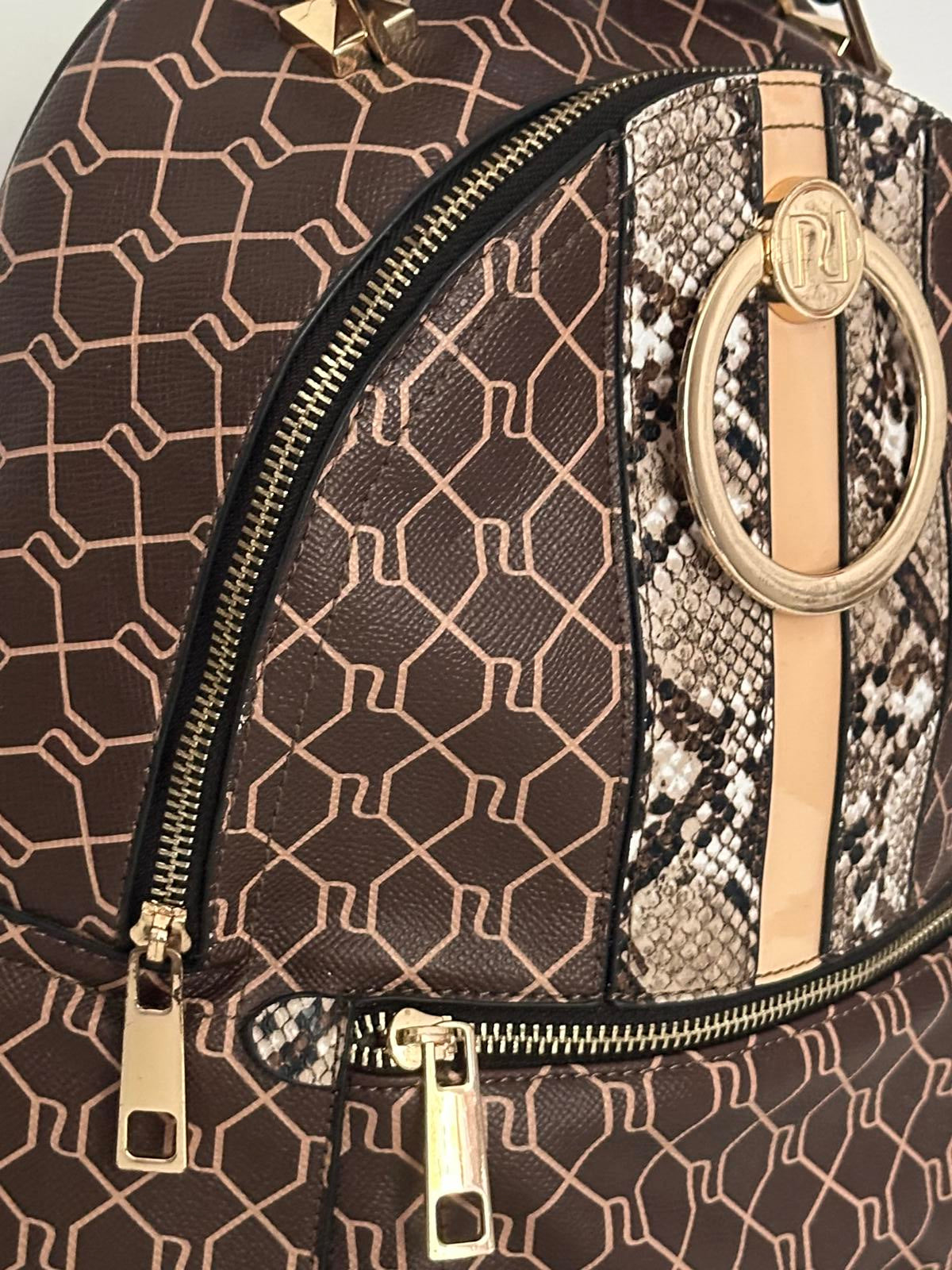 River Island Brown Monogram Backpack with Snake Print Detail