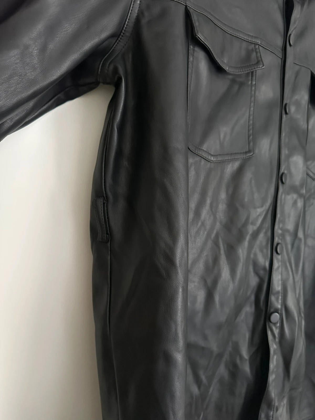 Black Leather Button-Up Shirt Jacket