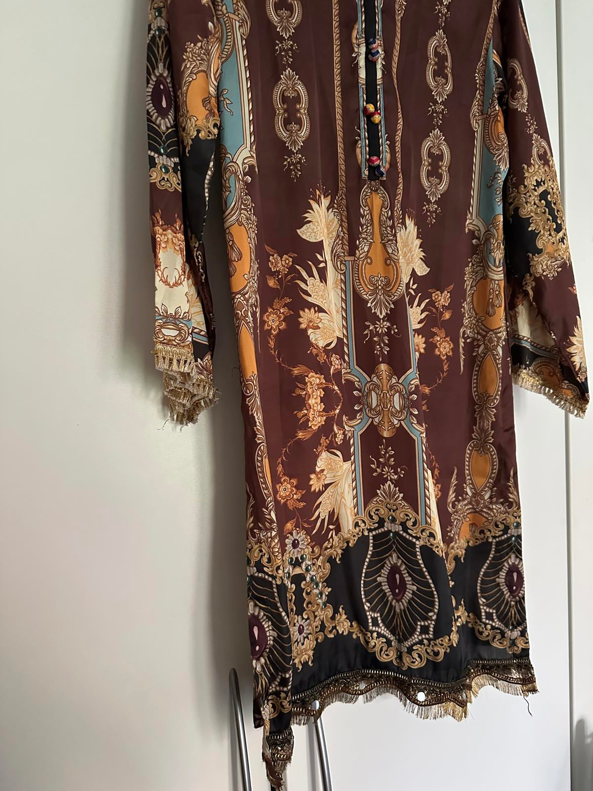 Baroque Scarf-Print Tunic Dress Notch Neck, Fringe Hem (S)