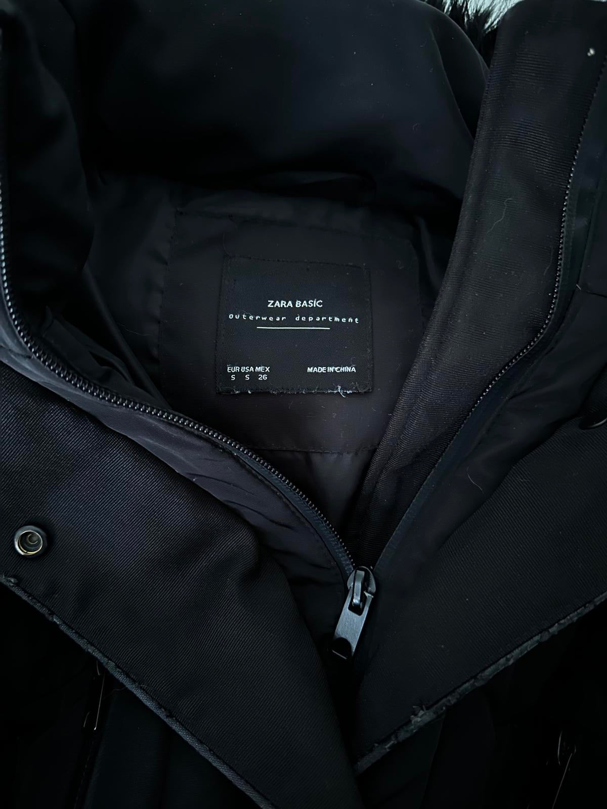 Black ZARA Basic Longline Puffer Coat with Faux-Fur Hood