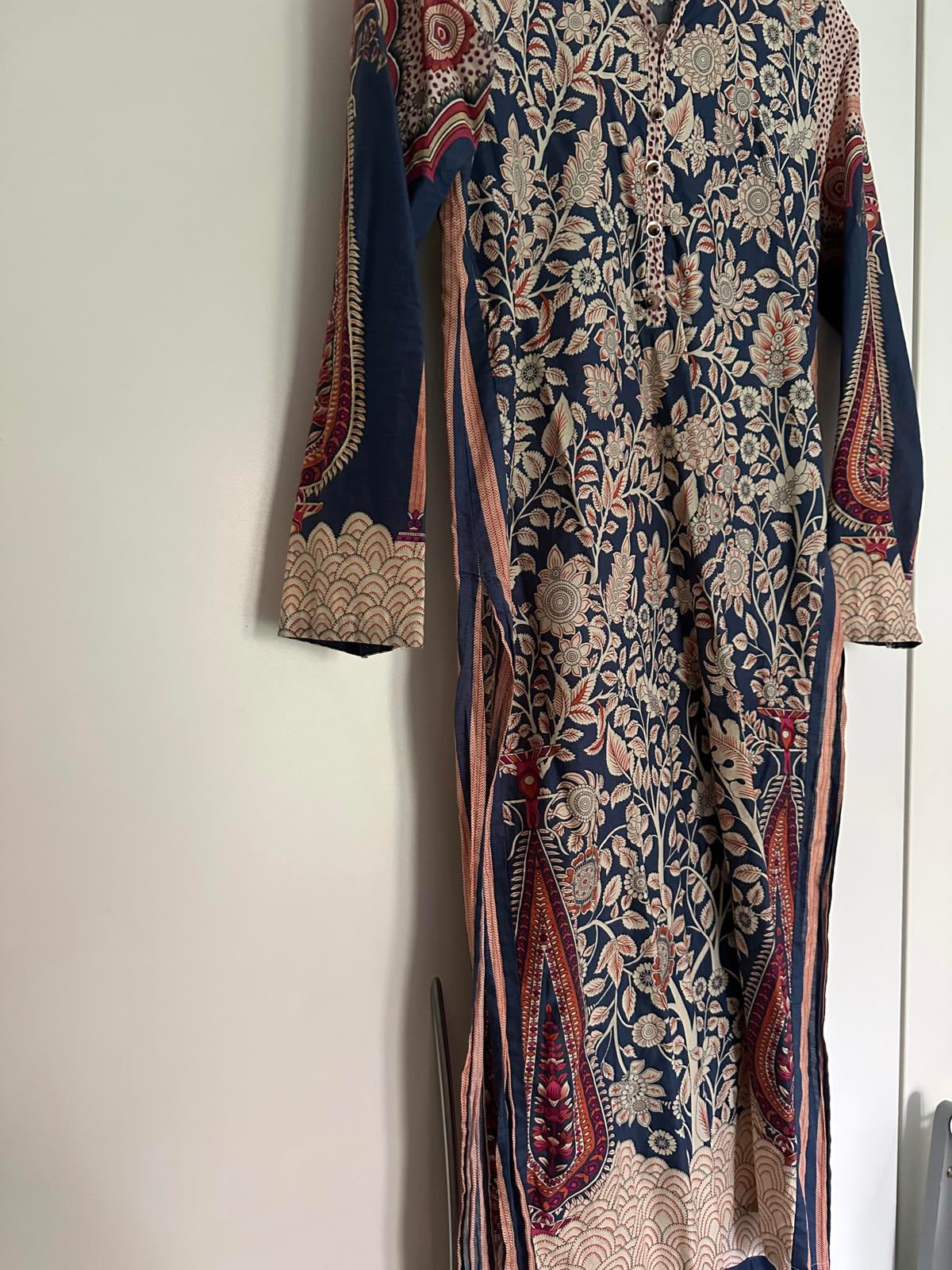 Printed Kurta-Style Midi Dress Notch Neck Side Slits (UK 6)