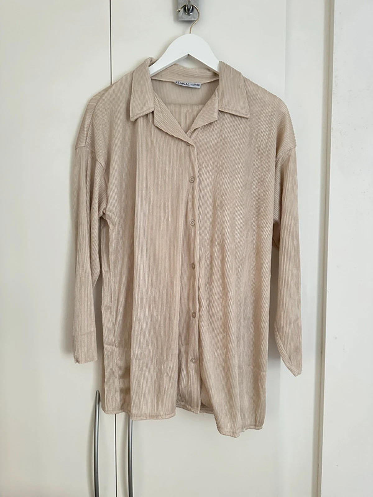 Kumsal Beige Ribbed Co-ord Set (Shirt + Trousers)