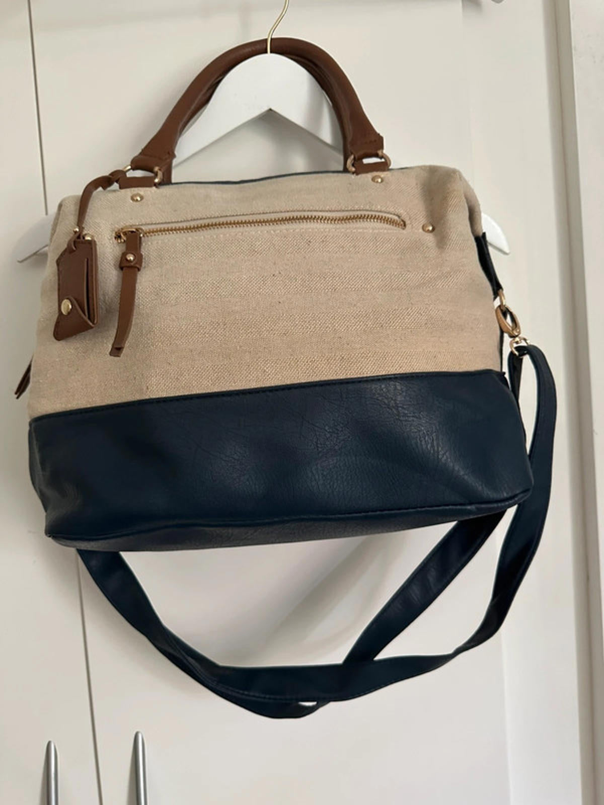 Two-Tone Canvas and Faux Leather Shoulder Bag