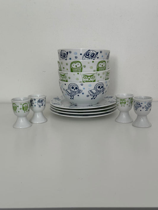 16-piece owl print ceramic dining set – plates, bowls & egg cups