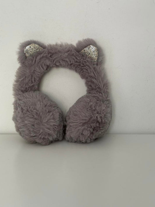 Cute Grey Faux Fur Earmuffs with Glitter Cat Ears – Cosy Winter Headband
