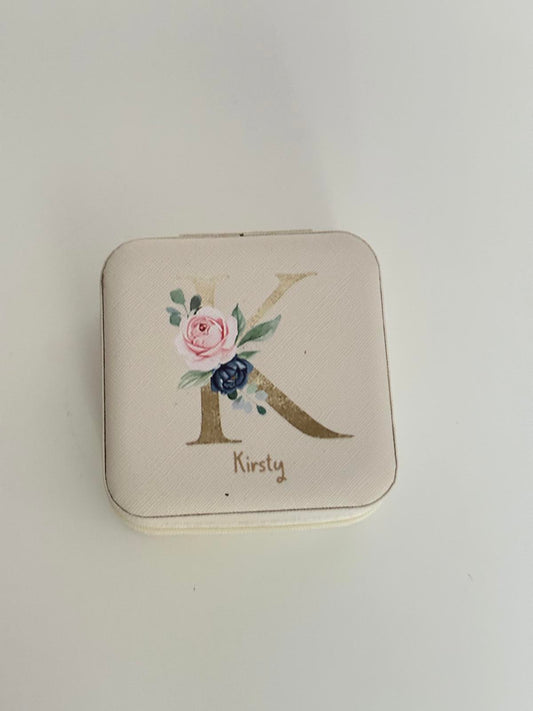 Personalised Jewellery Travel Box – Initial K with Floral Design