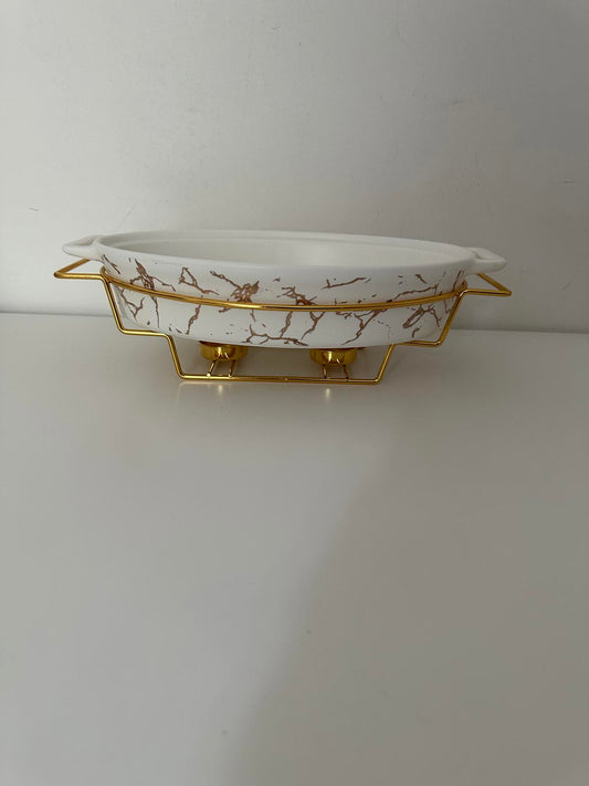 Elegant White and Gold Serving Dish with Stand