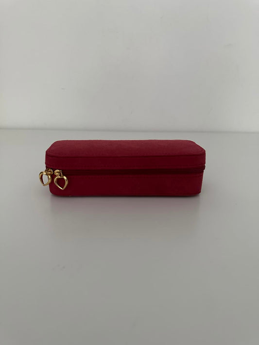 Elegant Red Velvet Travel Jewellery Box with Gold Heart Zip