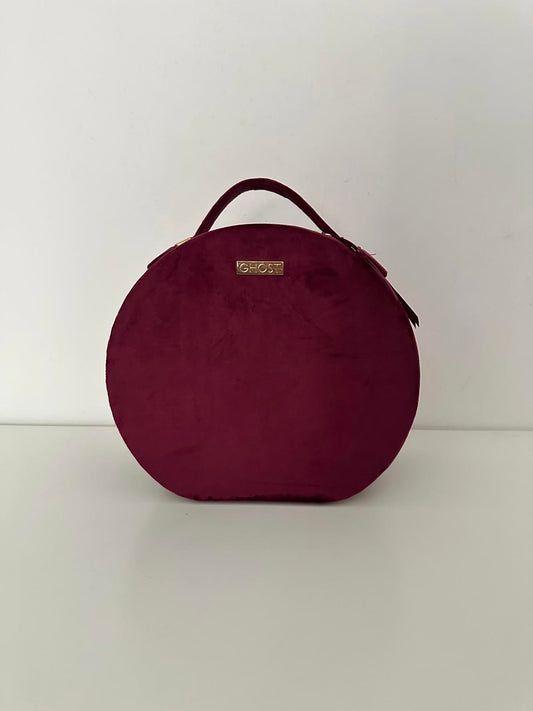Ghost Burgundy Velvet Round Vanity Case with Mirror & Drawstring Pouch