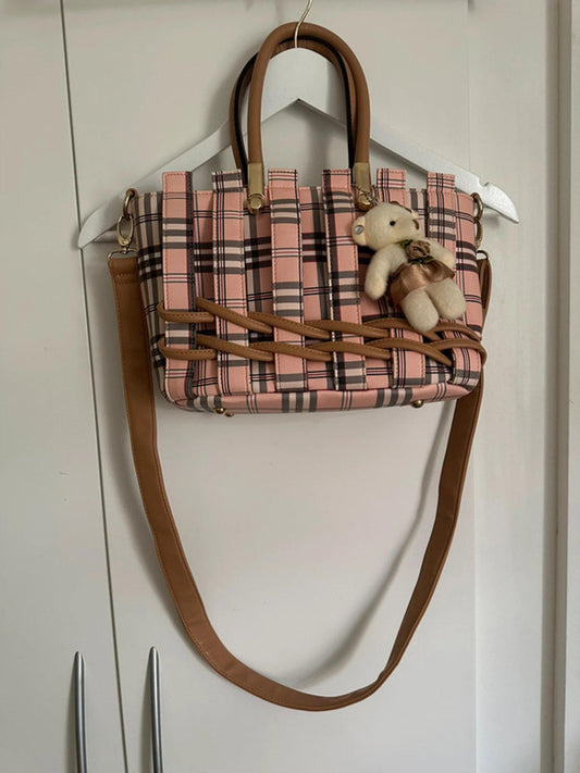 Pink Plaid Women's Shoulder Bag with Teddy Bear Charm