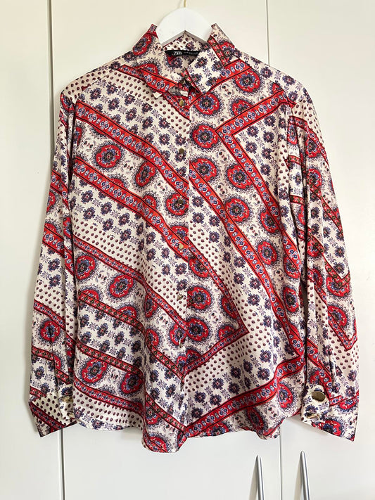 Zara Printed Long Sleeve Satin Shirt – Boho Retro Style