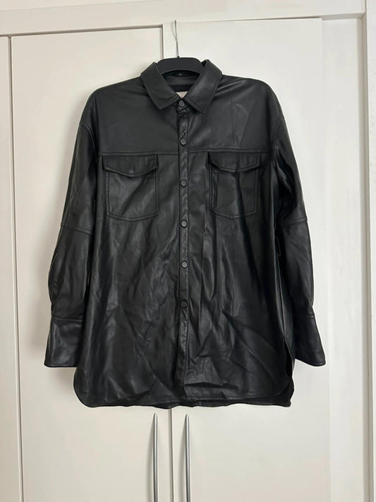 Black Leather Button-Up Shirt Jacket