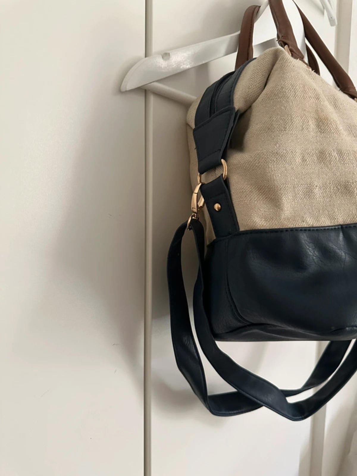 Two-Tone Canvas and Faux Leather Shoulder Bag