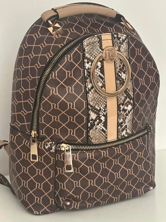 River Island Brown Monogram Backpack with Snake Print Detail