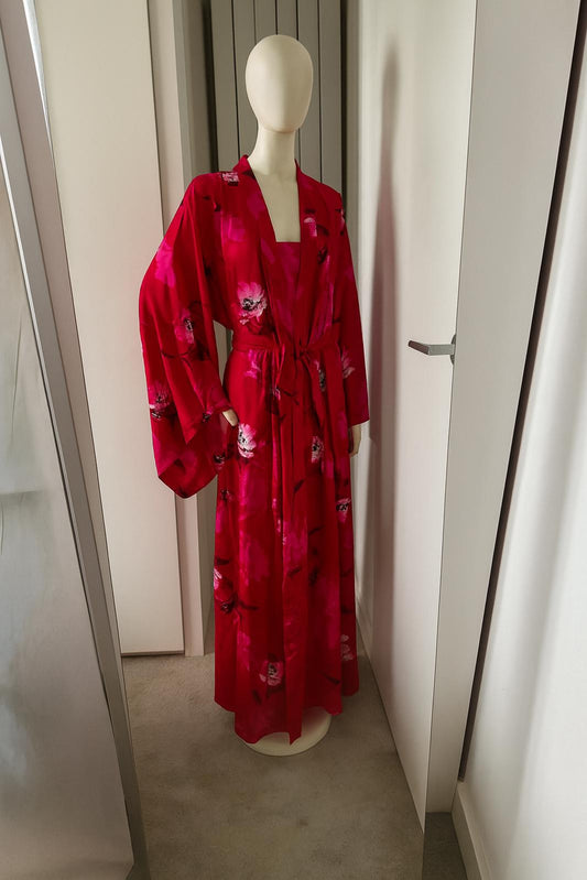 Love to Lounge 3-Piece Set Red Floral Kimono Robe, Cami & Trousers (S/UK 10–12)