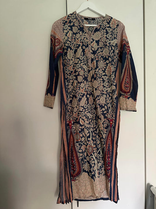 Printed Kurta-Style Midi Dress Notch Neck Side Slits (UK 6)