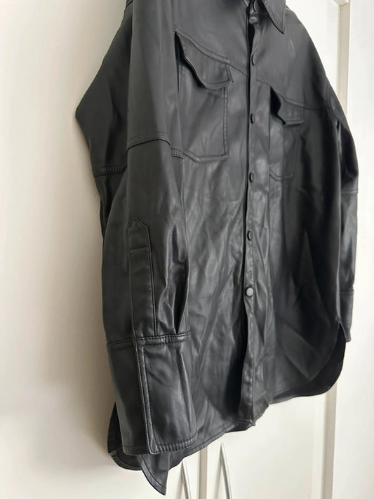 Black Leather Button-Up Shirt Jacket