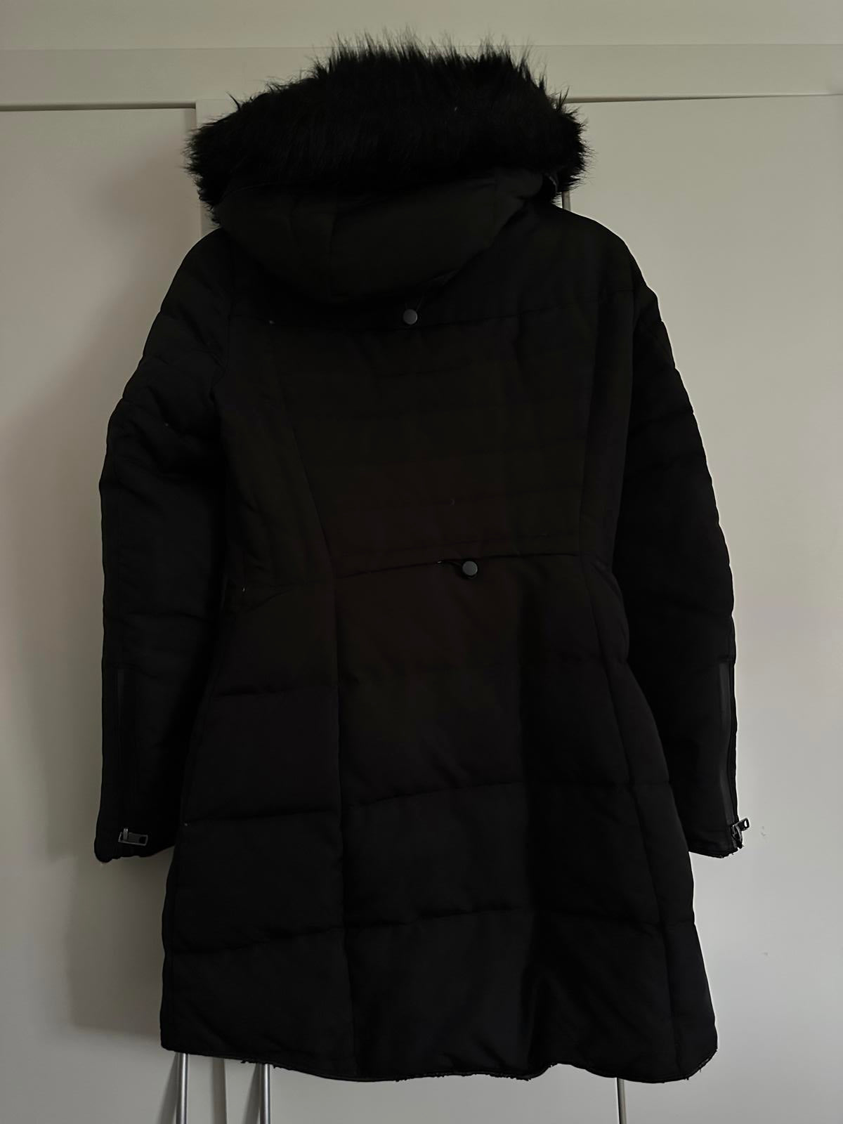 Black ZARA Basic Longline Puffer Coat with Faux-Fur Hood