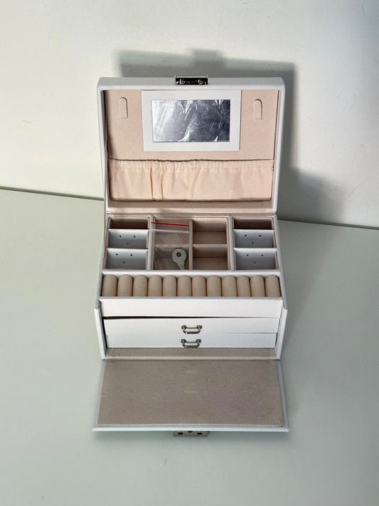 White Lockable Jewellery Box with Mirror & Drawers