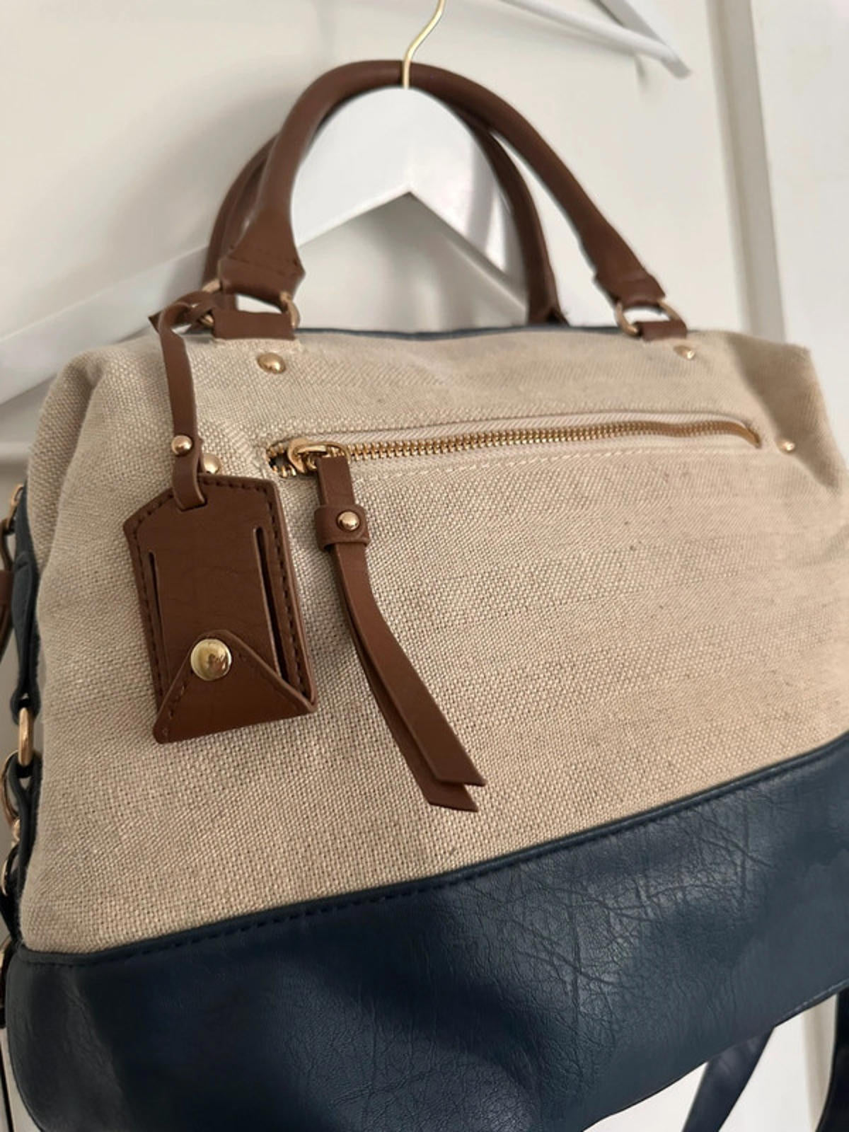 Two-Tone Canvas and Faux Leather Shoulder Bag