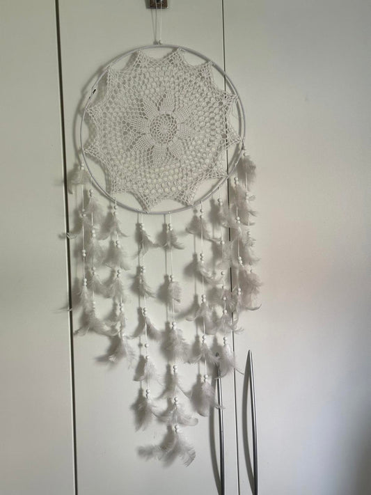 Large white crochet dreamcatcher with feathers & beads