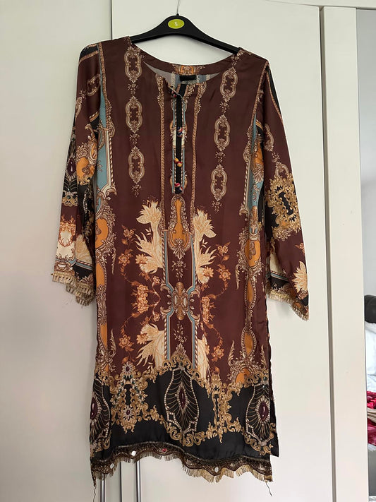 Baroque Scarf-Print Tunic Dress Notch Neck, Fringe Hem (S)
