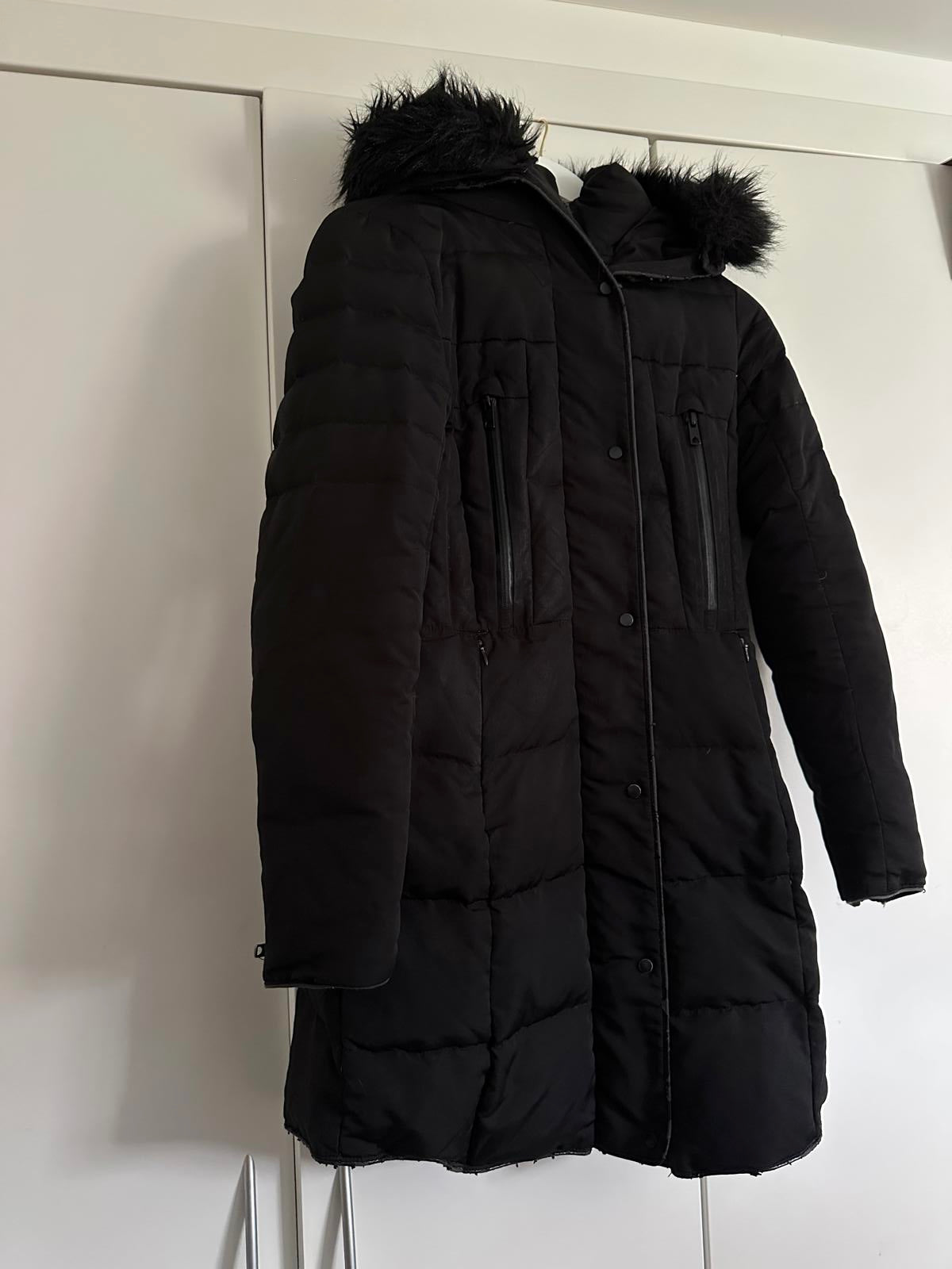 Black ZARA Basic Longline Puffer Coat with Faux-Fur Hood