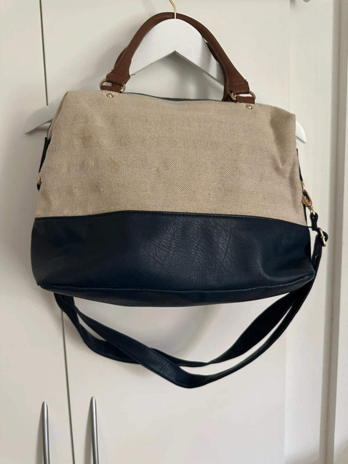 Two-Tone Canvas and Faux Leather Shoulder Bag