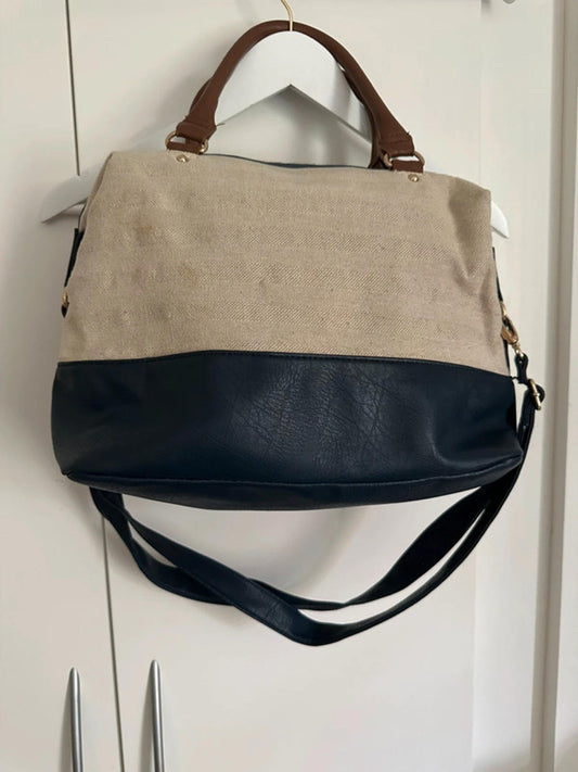 Two-Tone Canvas and Faux Leather Shoulder Bag