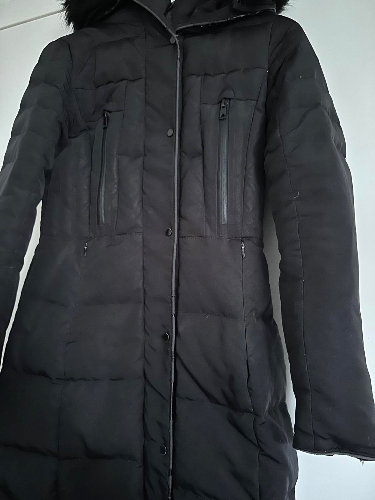 Black ZARA Basic Longline Puffer Coat with Faux-Fur Hood