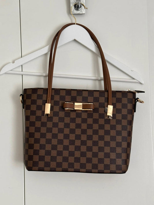 Elegant Brown Checkered Tote Bag with Gold Bow Accent