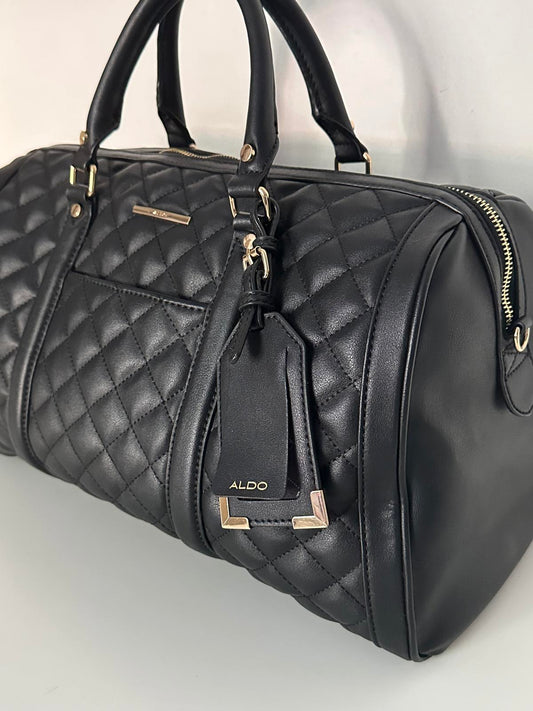 ALDO Scarba Quilted Black Weekend Duffel Bag – l Holdall with Gold Hardware
