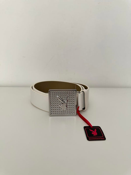 Playboy White Leather Belt with Iconic Silver Buckle – Streetwear Statement