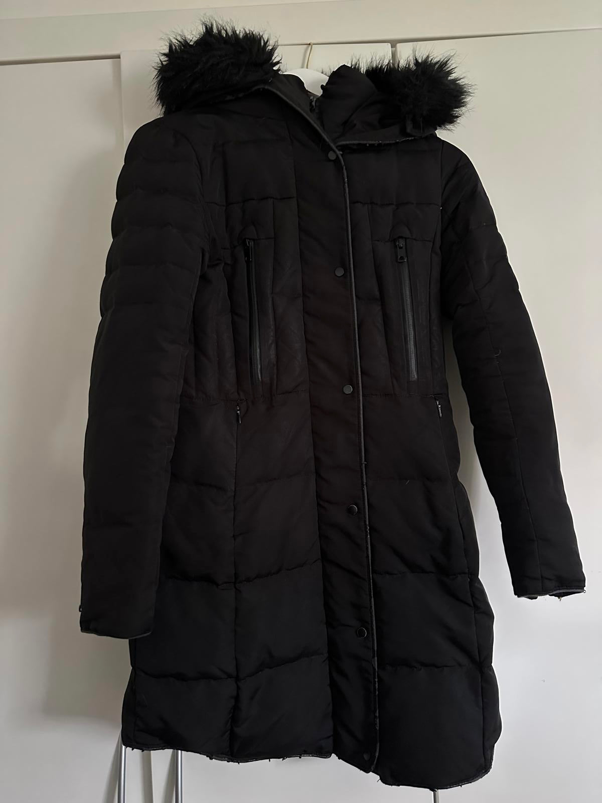 Black ZARA Basic Longline Puffer Coat with Faux-Fur Hood